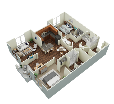 a 3d floor plan of a home with a bedroom and living room